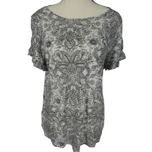 Loft Women's M Floral Blouse Black/White Ruffle Sleeves Lightweight Side Slits